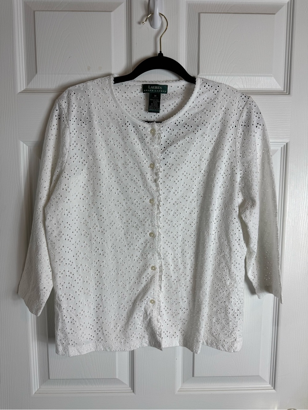 Lauren Ralph Lauren White Eyelet Cotton Button-Front Top Medium